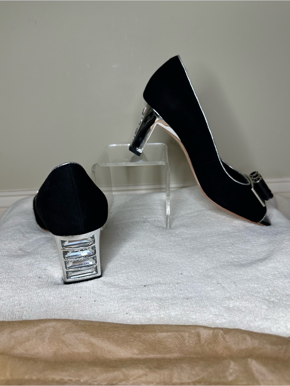 Lady Couture Pretty Crystal Block Heel Pumps Black Silver Peep Toe Size 39 / 8.5